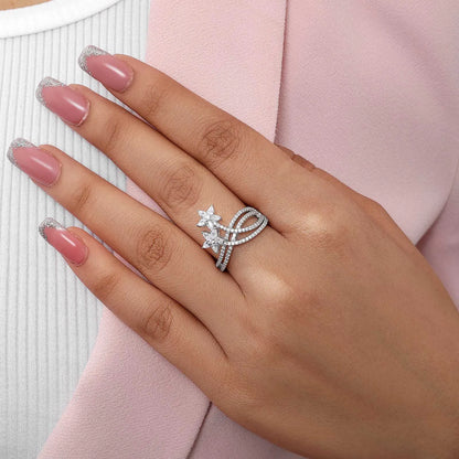 White Dual Floral CZ Ring For Women – 925 Sterling Silver Rhodium Plated