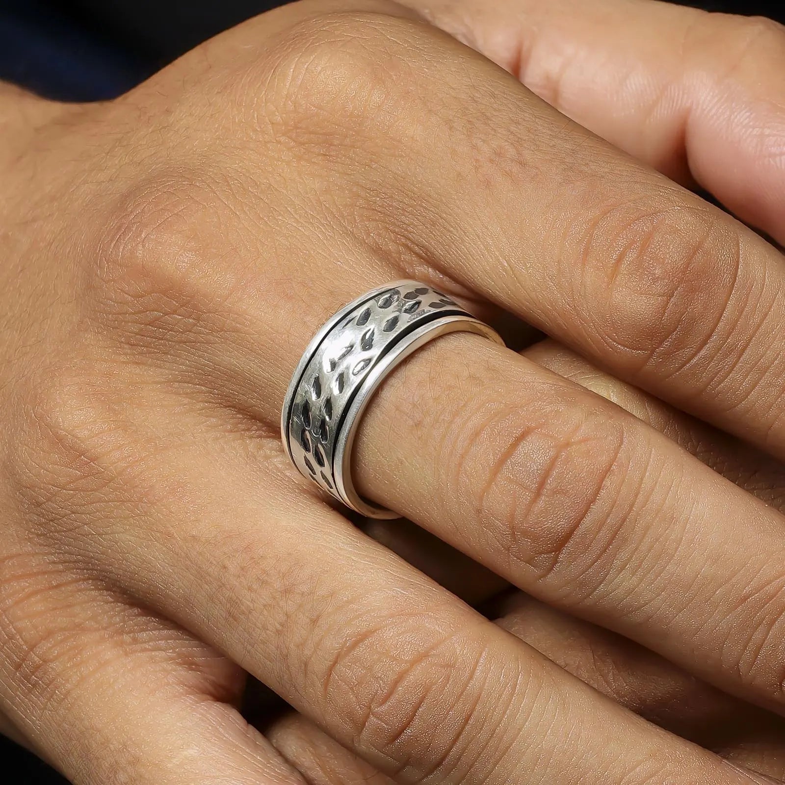 Black Stripes Carved Silver Band Ring - Tweov Jewels