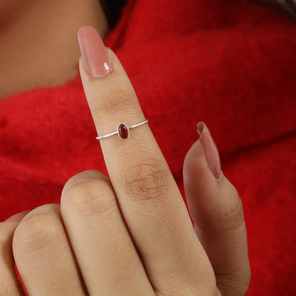 Silver Simple Oval Red Stone Ring