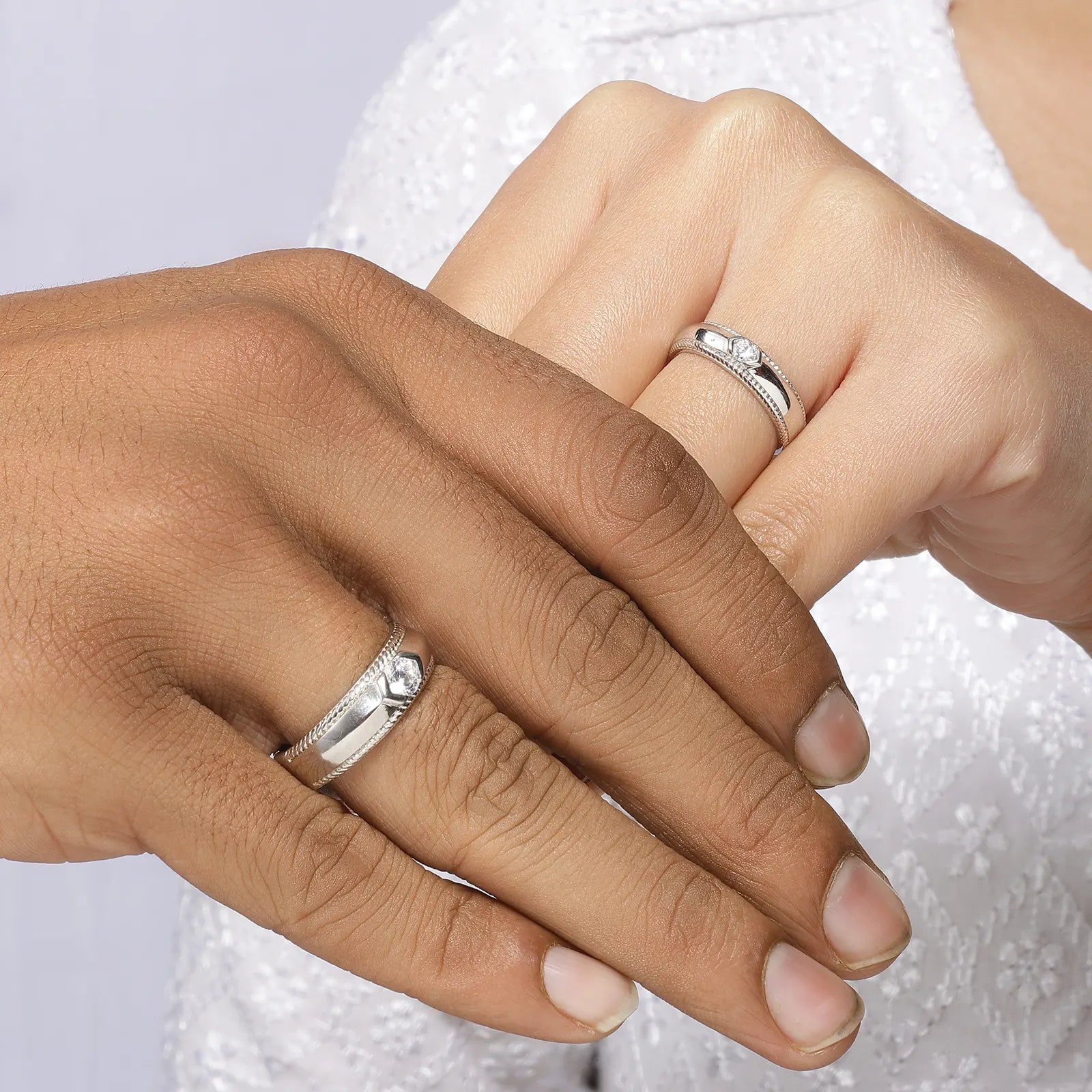 Braided Edge Couple Rings for Men & Women – 925 Sterling Silver Rhodium Plated