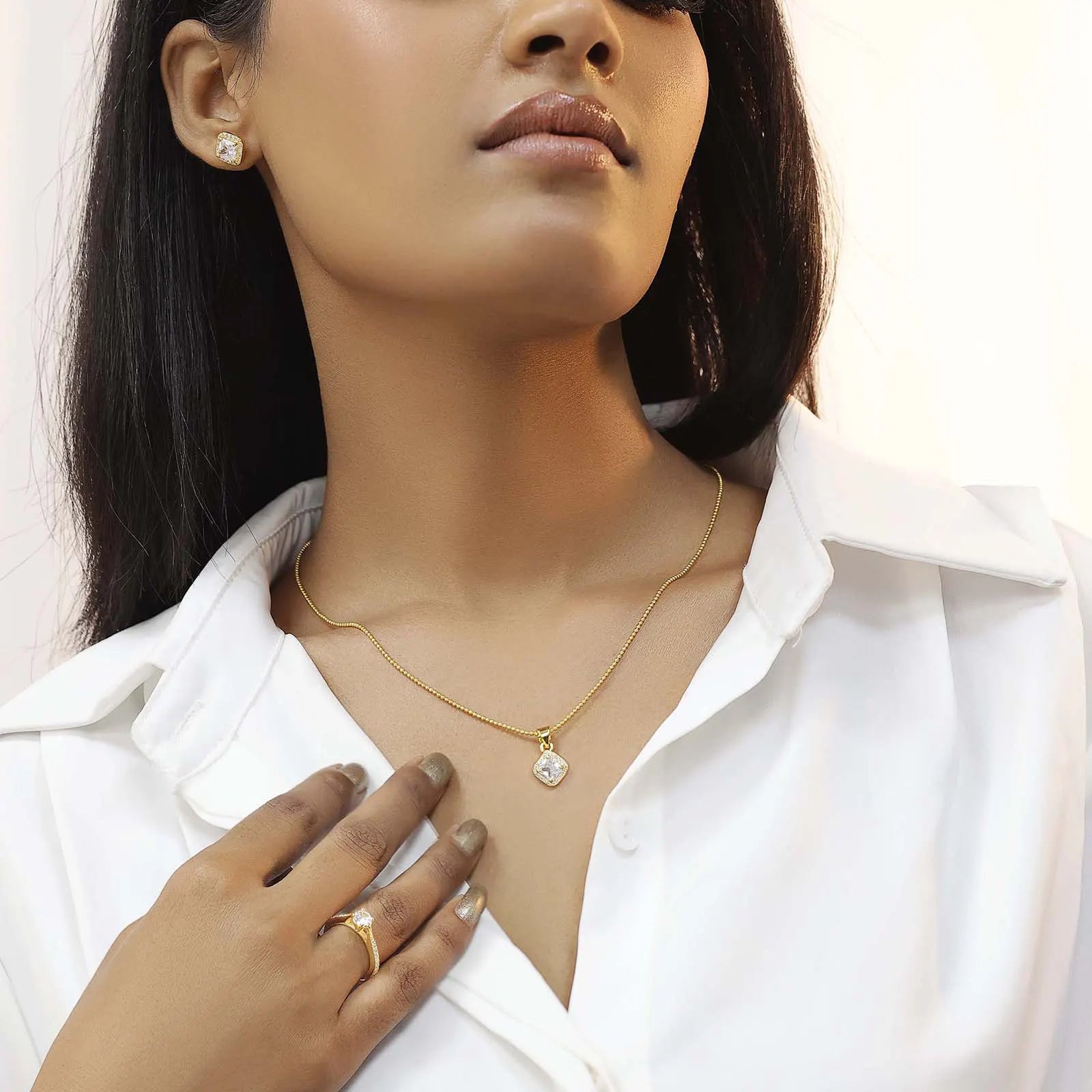 Gold Plated Square Cut AD Silver Pendant & Earrings Set