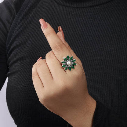 Oxidized Silver Green Stone Studded Floral Pearl Ring