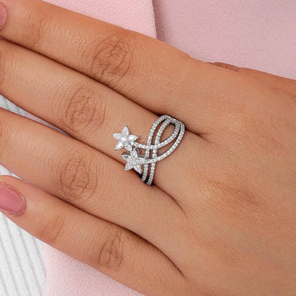 White Dual Floral CZ Ring For Women – 925 Sterling Silver Rhodium Plated