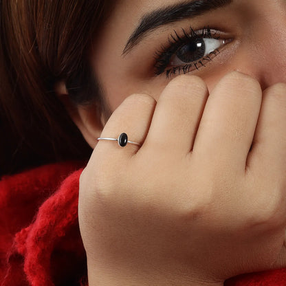 Silver Simple Oval Black Stone Ring