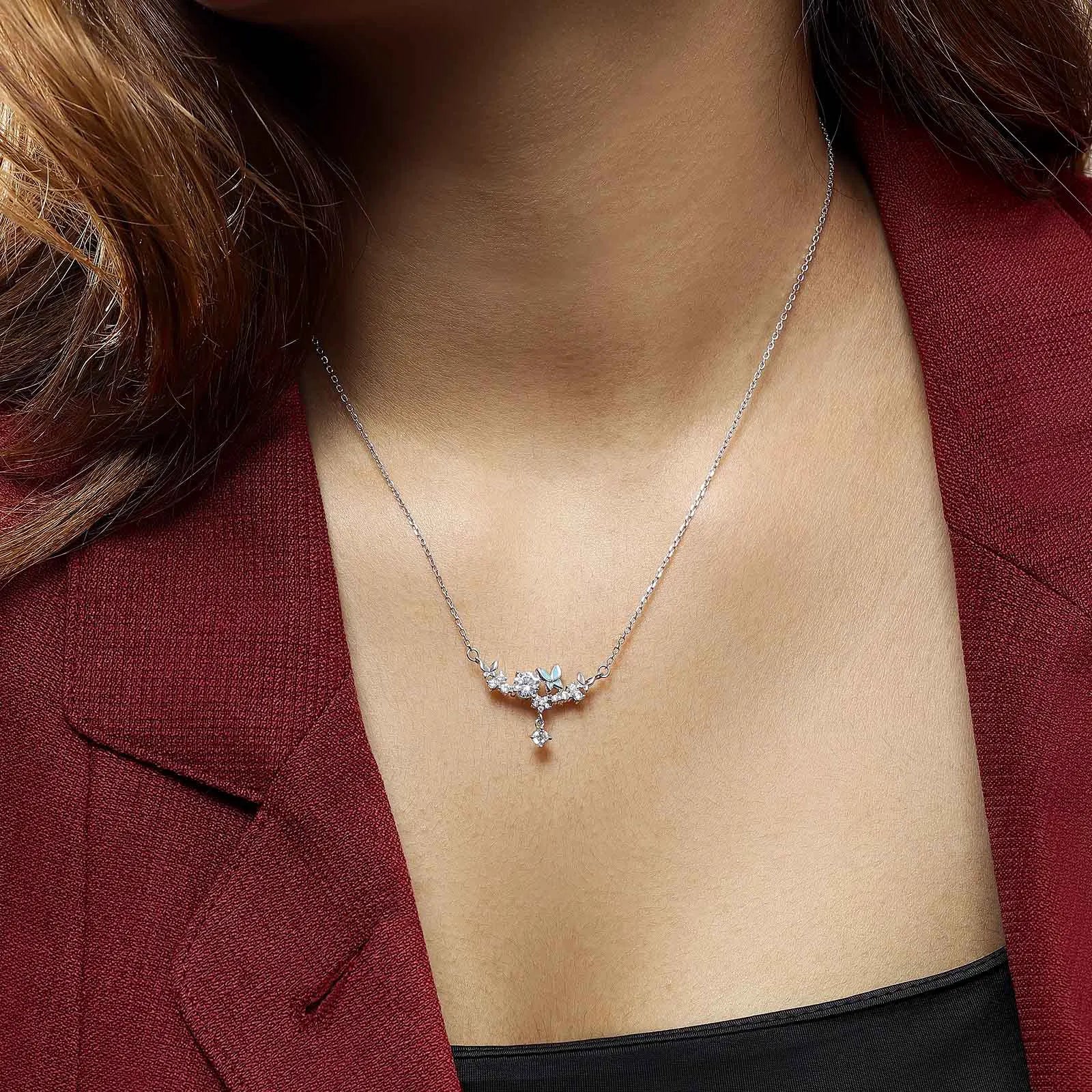 CZ Floral Butterfly Design Silver Necklace - Tweov Jewels