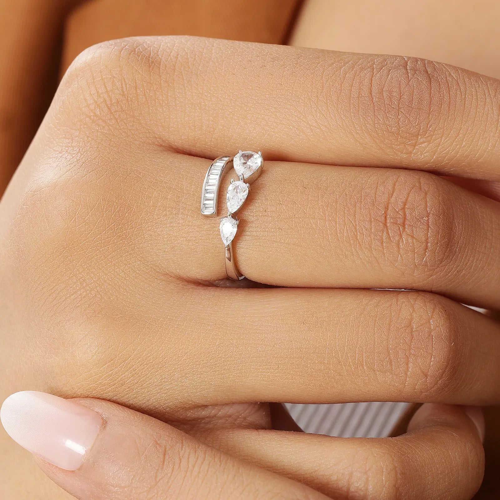 White Stone Studded Spiral Silver Ring - Tweov Jewels