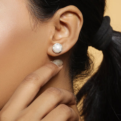 Silver Round White Pearl Stud Earrings