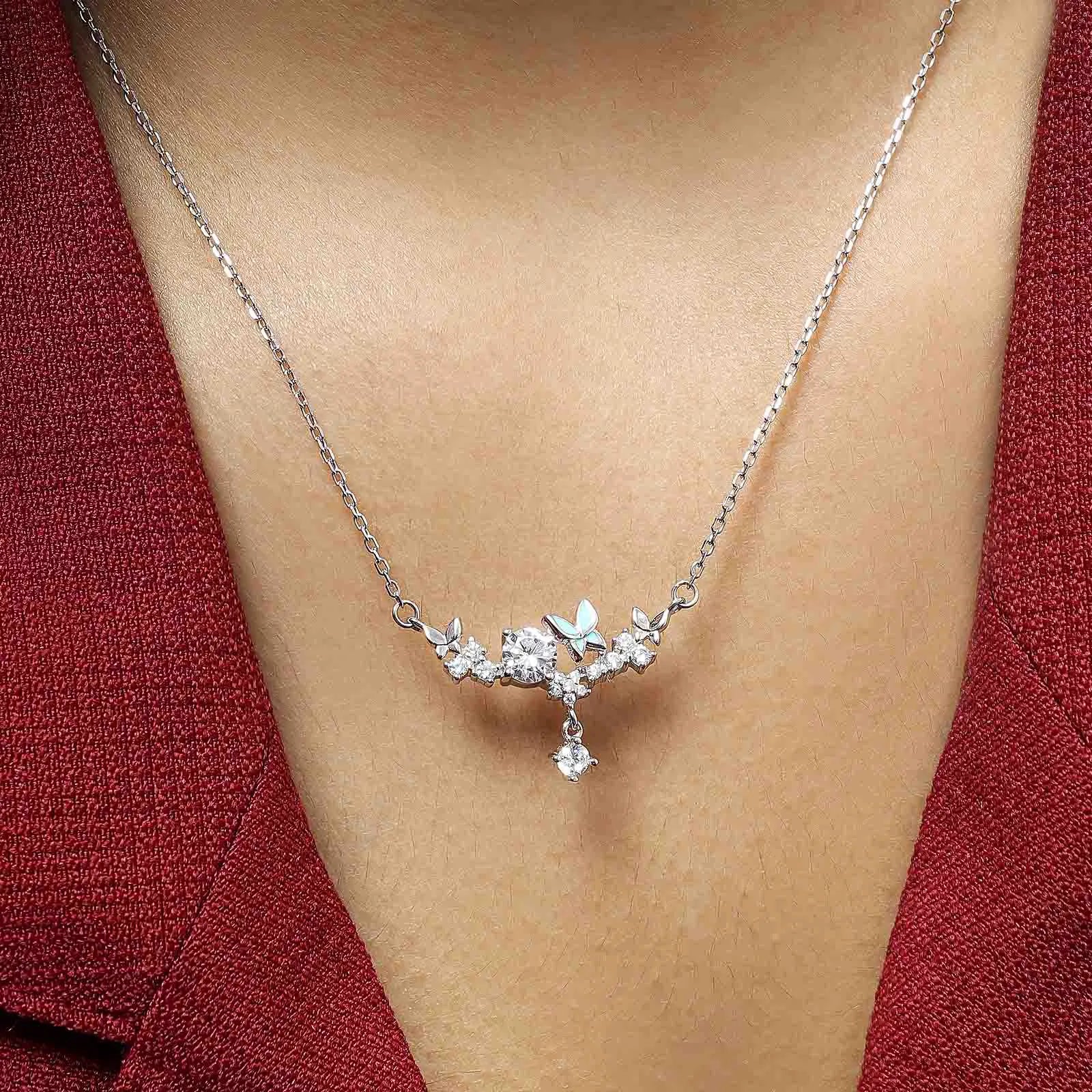 CZ Floral Butterfly Design Silver Necklace - Tweov Jewels