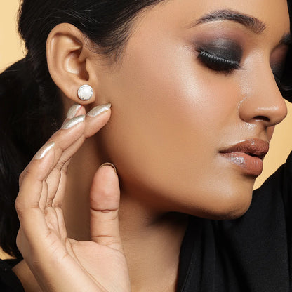 Silver Round White Pearl Stud Earrings
