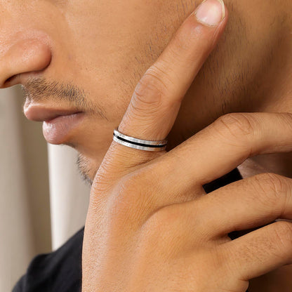Pure 925 Sterling Silver Simple Black Strip Ring for Men - Tweov Jewels