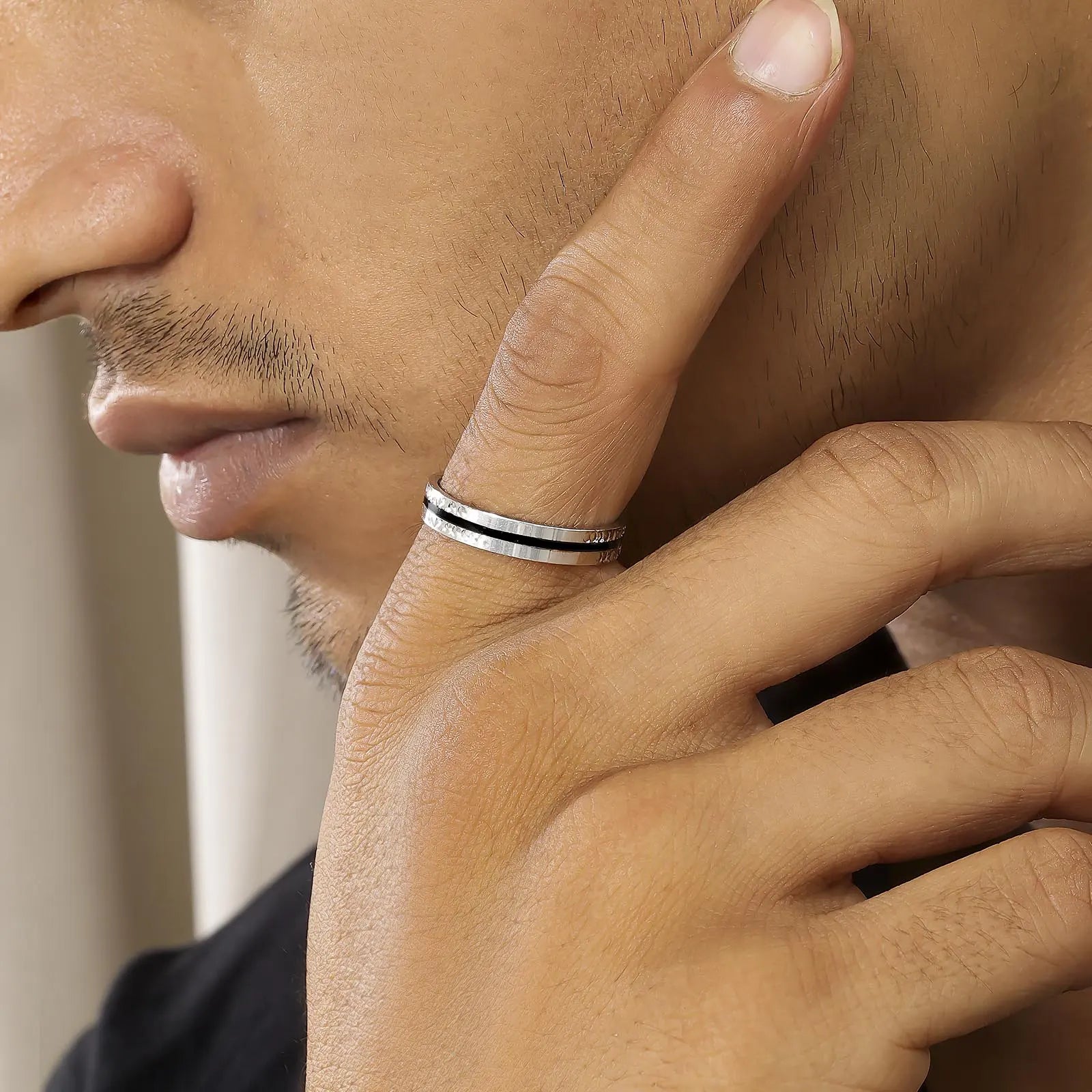 Simple Black Stripe Silver Ring