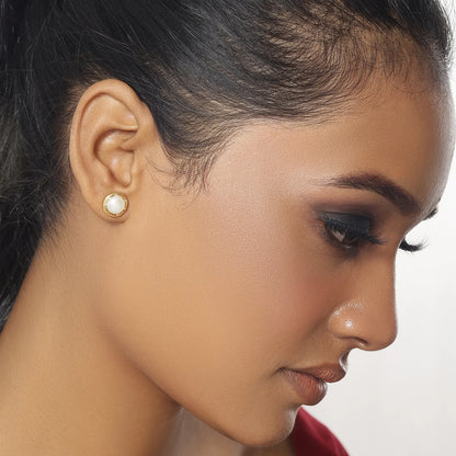 Gold Plated Silver Round White Pearl Stud Earrings - Tweov Jewels
