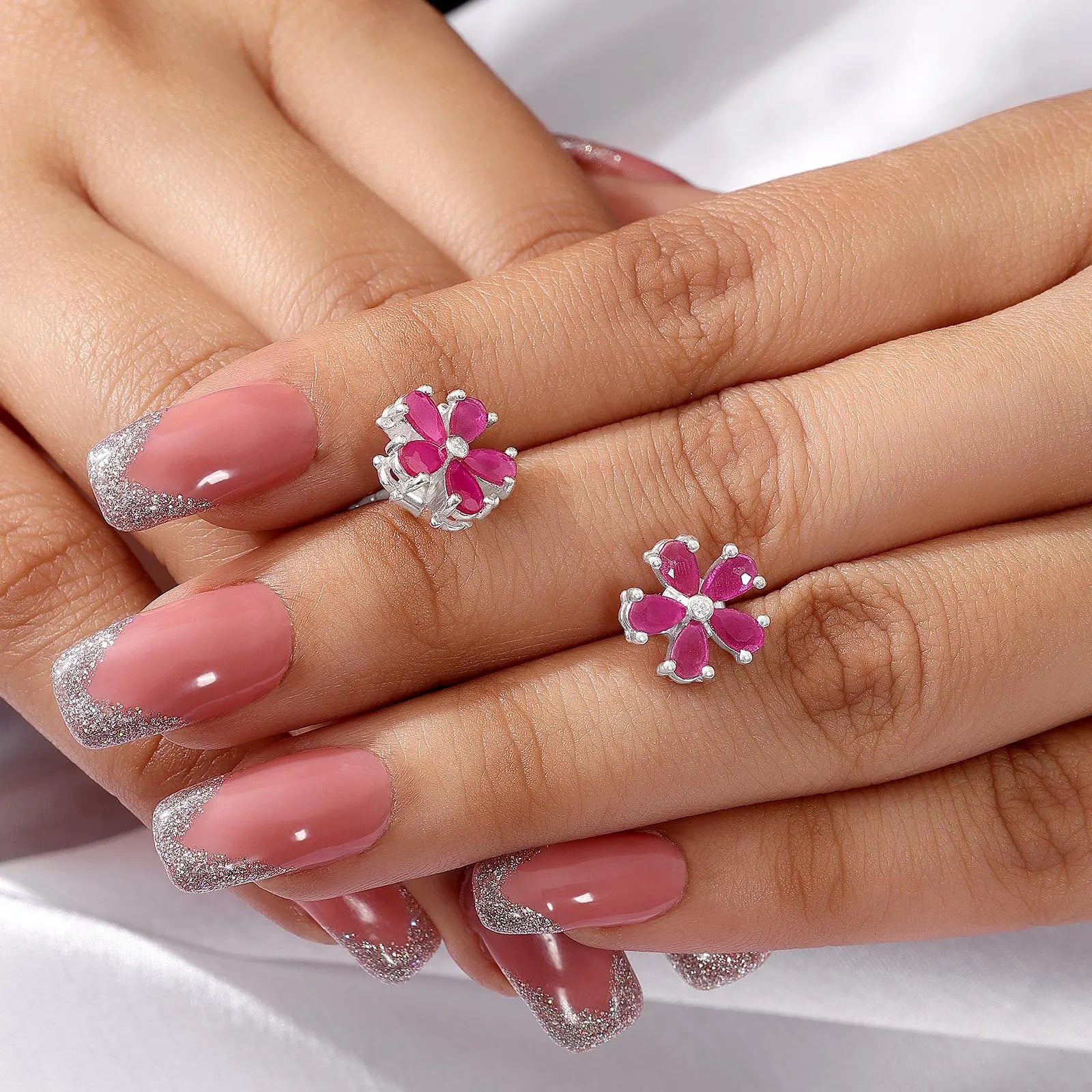 Pink Floral Silver Stud Earrings