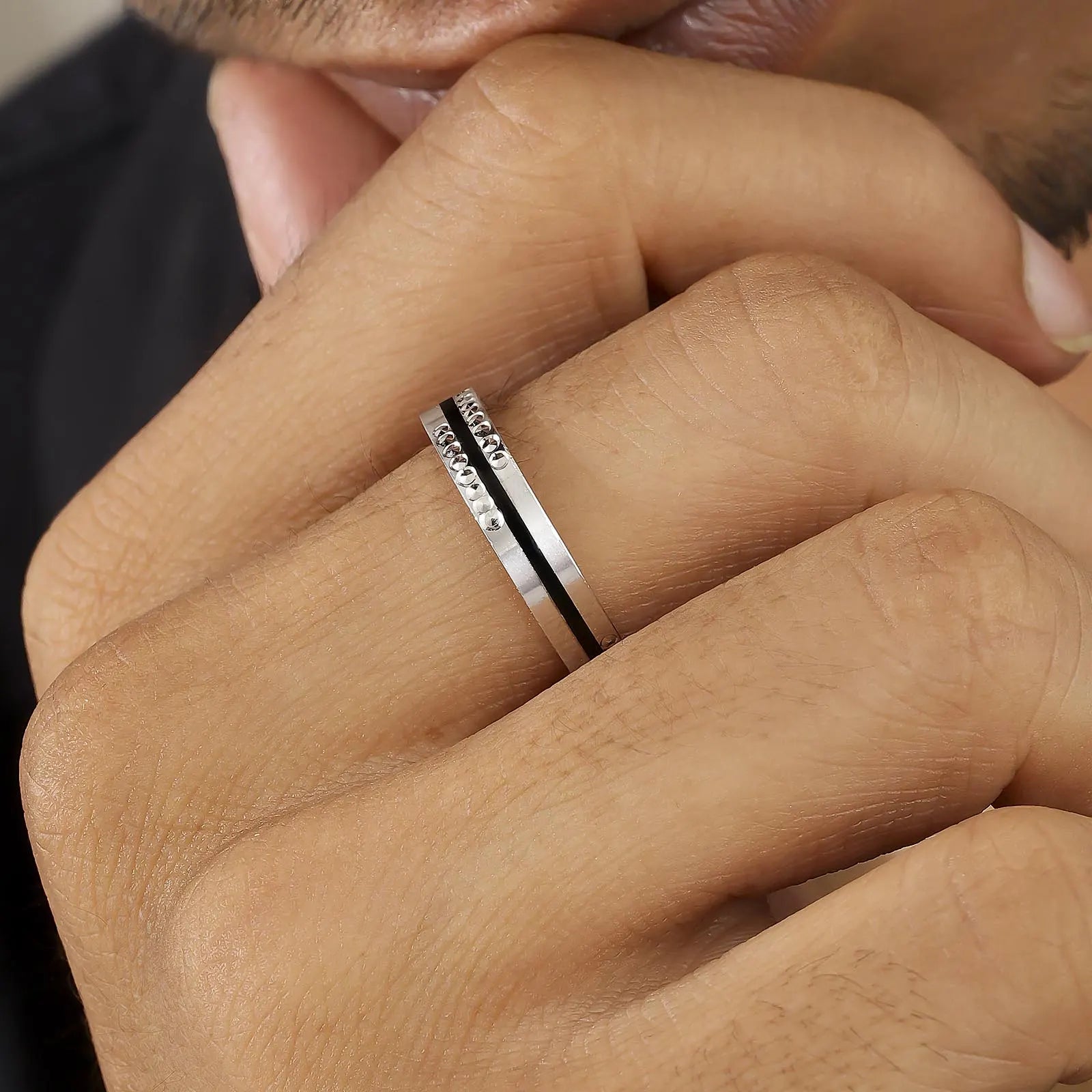 Simple Black Stripe Silver Ring