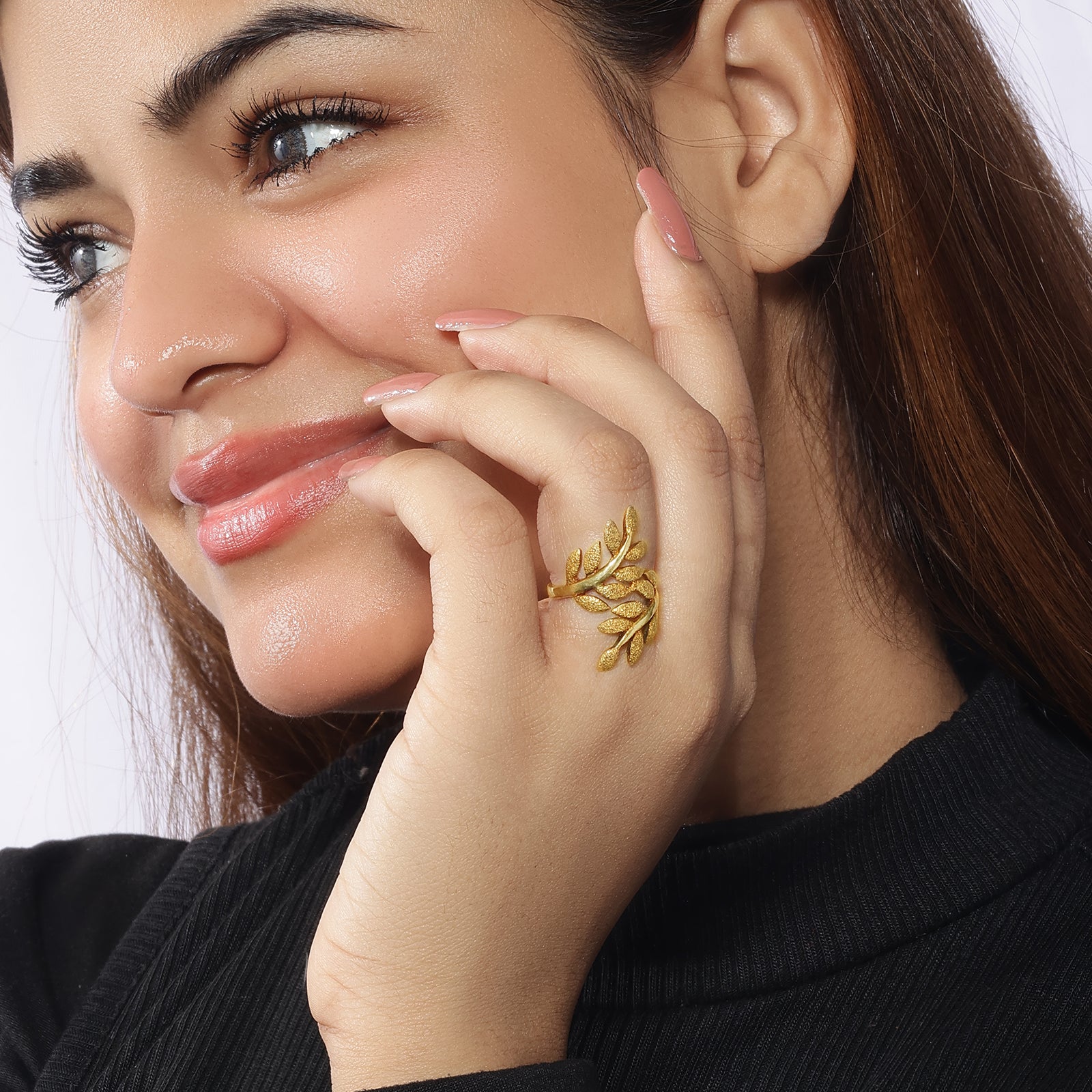 Gold-Plated Simple Leaf Branch Silver Ring