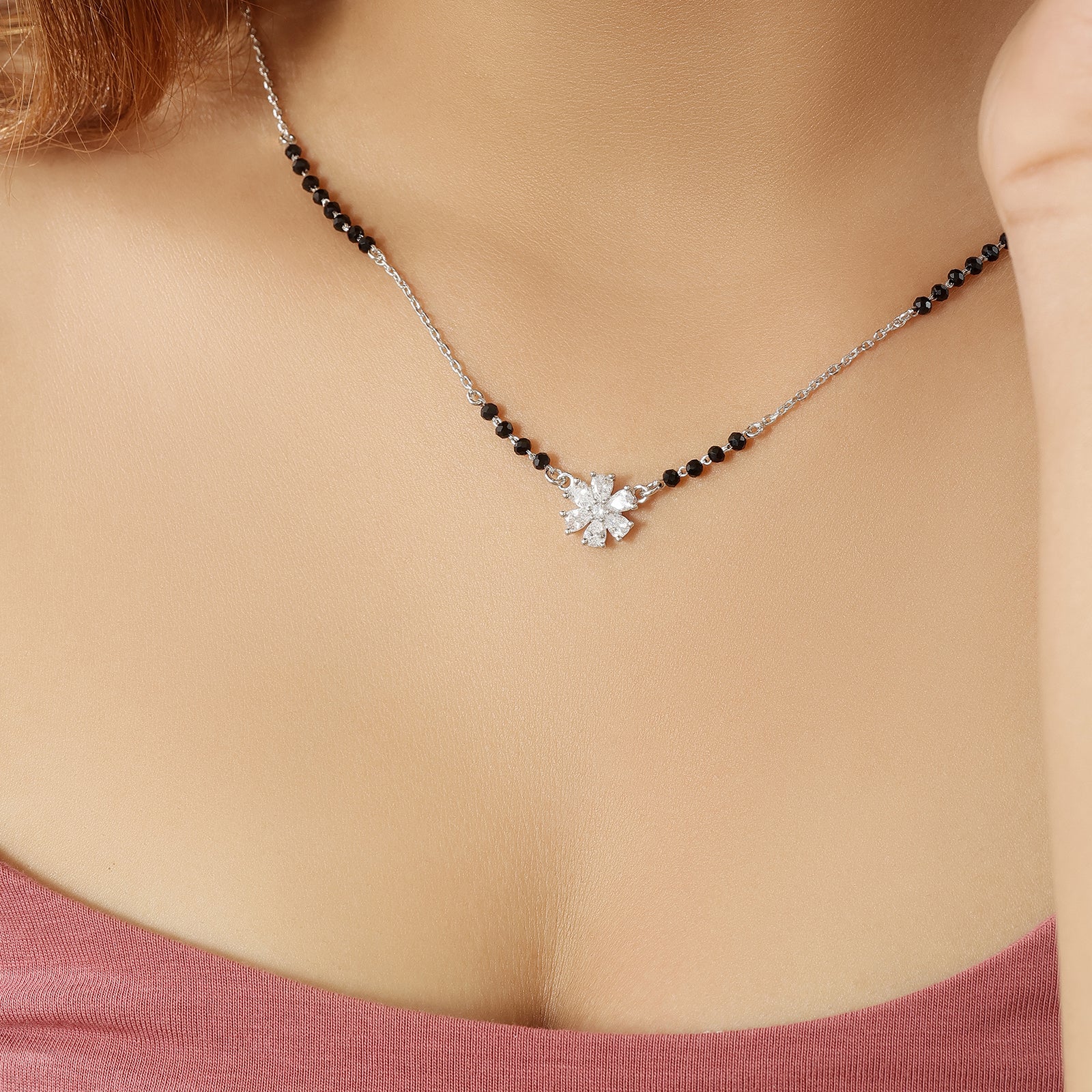 Floral Design Silver Mangalsutra - Tweov Jewels