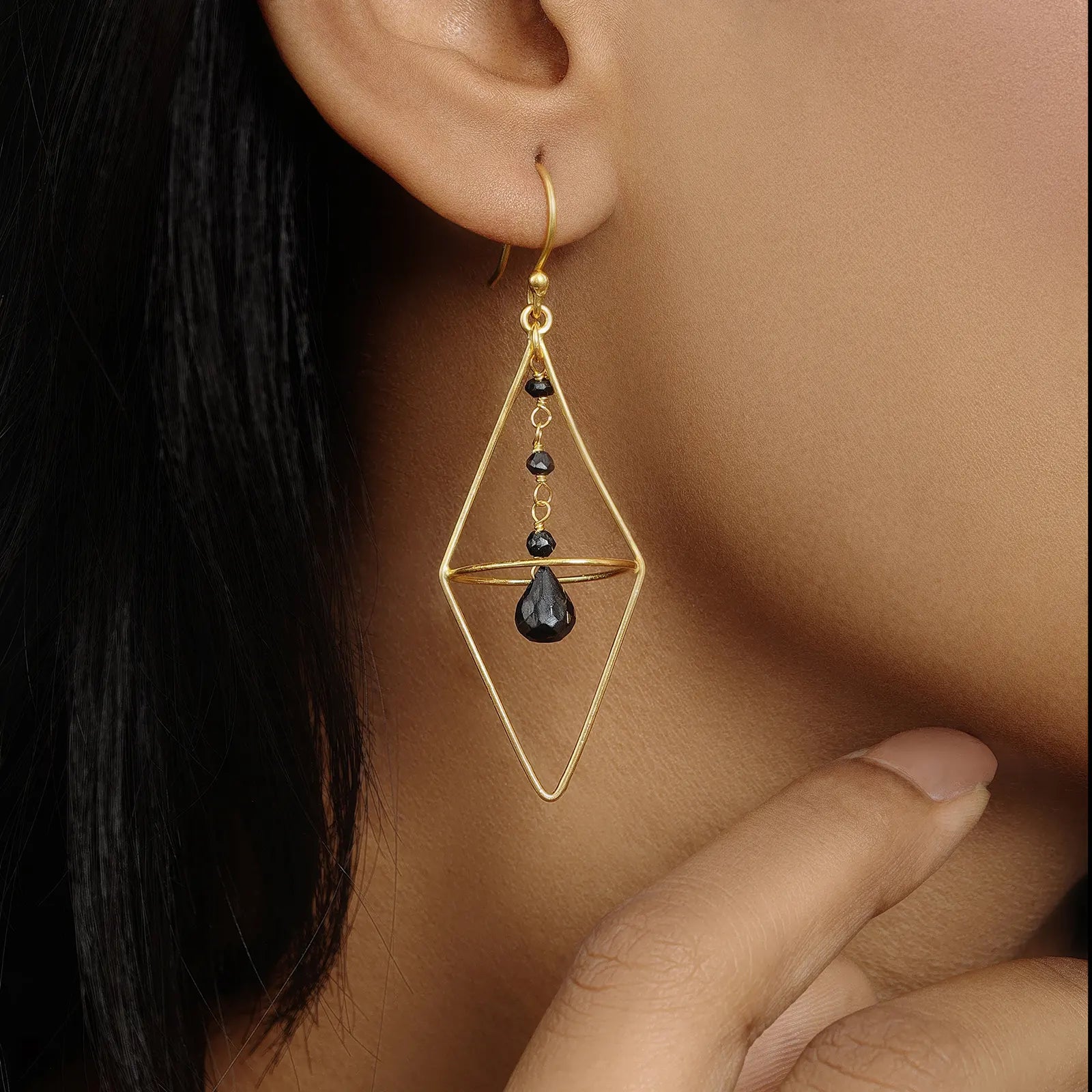 Pure Silver Earrings - Nested Gold Onyx Danglers - Tweov Jewels