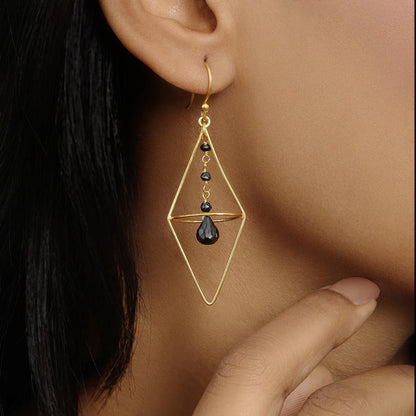 Pure Silver Earrings - Nested Gold Onyx Danglers - Tweov Jewels