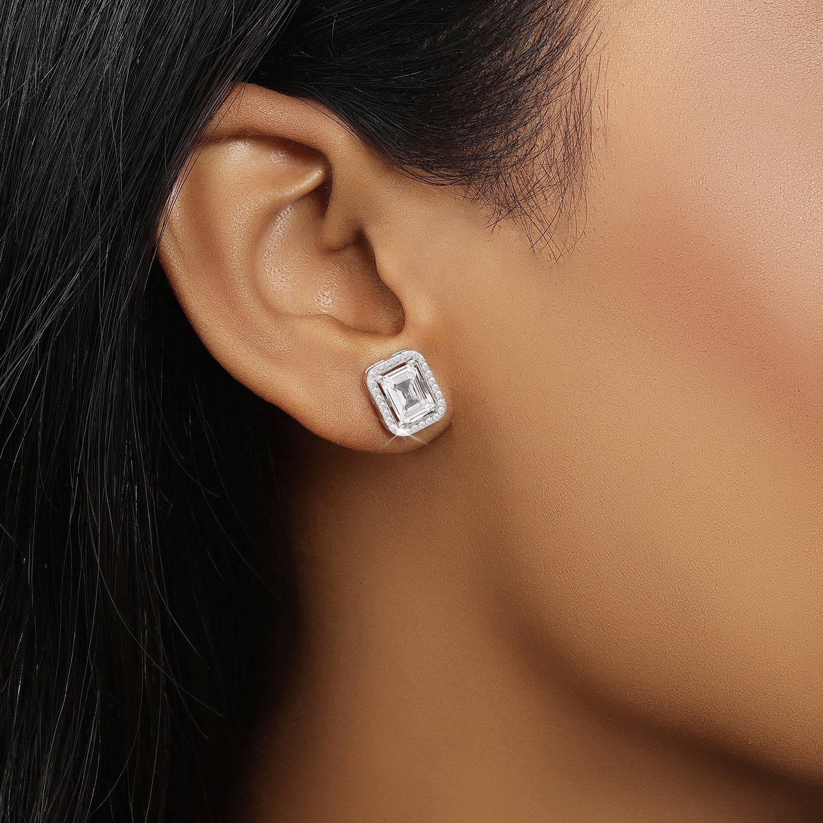 CZ Rectangle Shape Silver Stud Earrings - Tweov Jewels