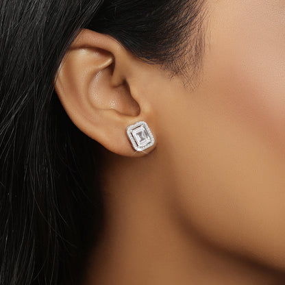 CZ Rectangle Shape Silver Stud Earrings - Tweov Jewels