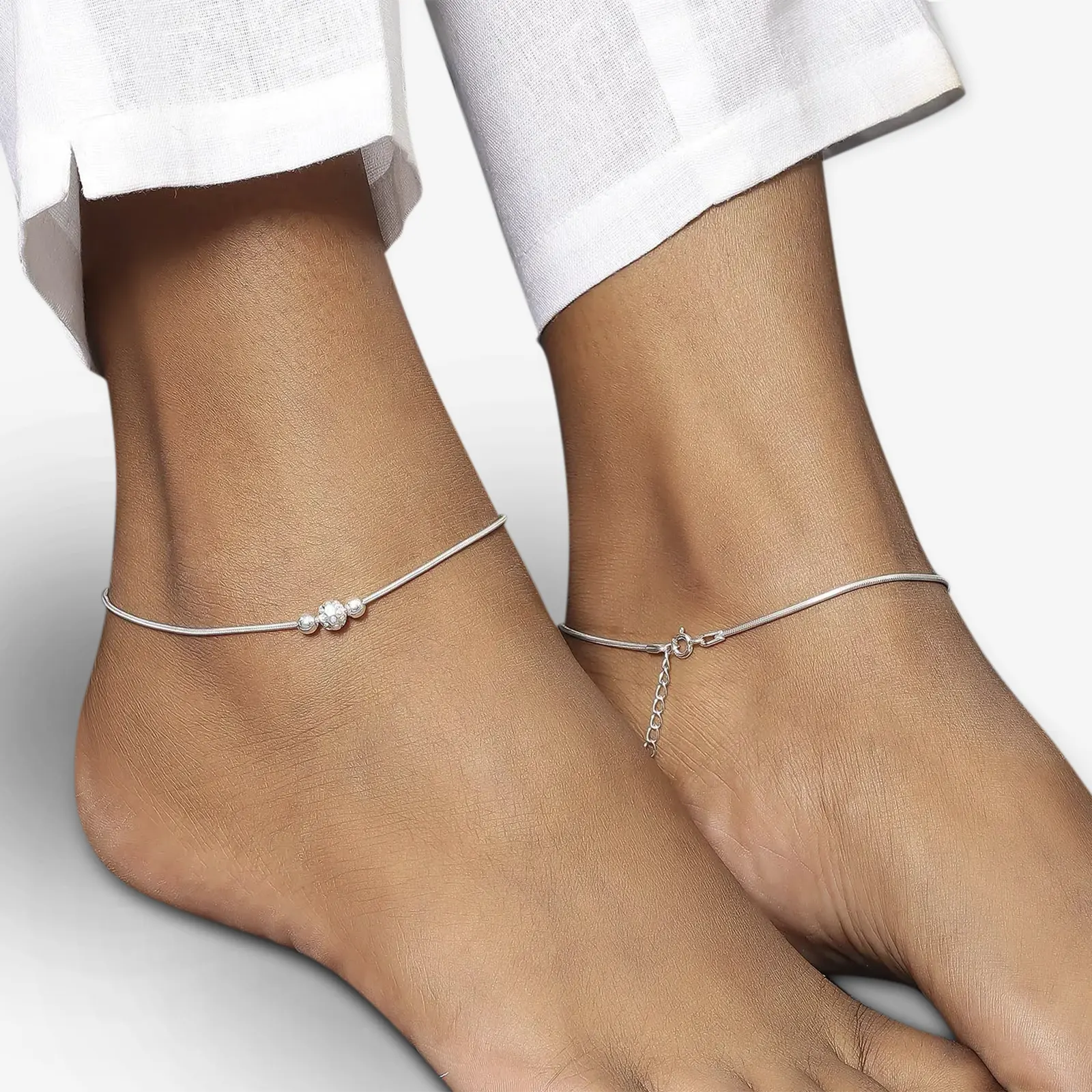 Ball Beaded Thin Silver Chain Anklet for Women - Main Image