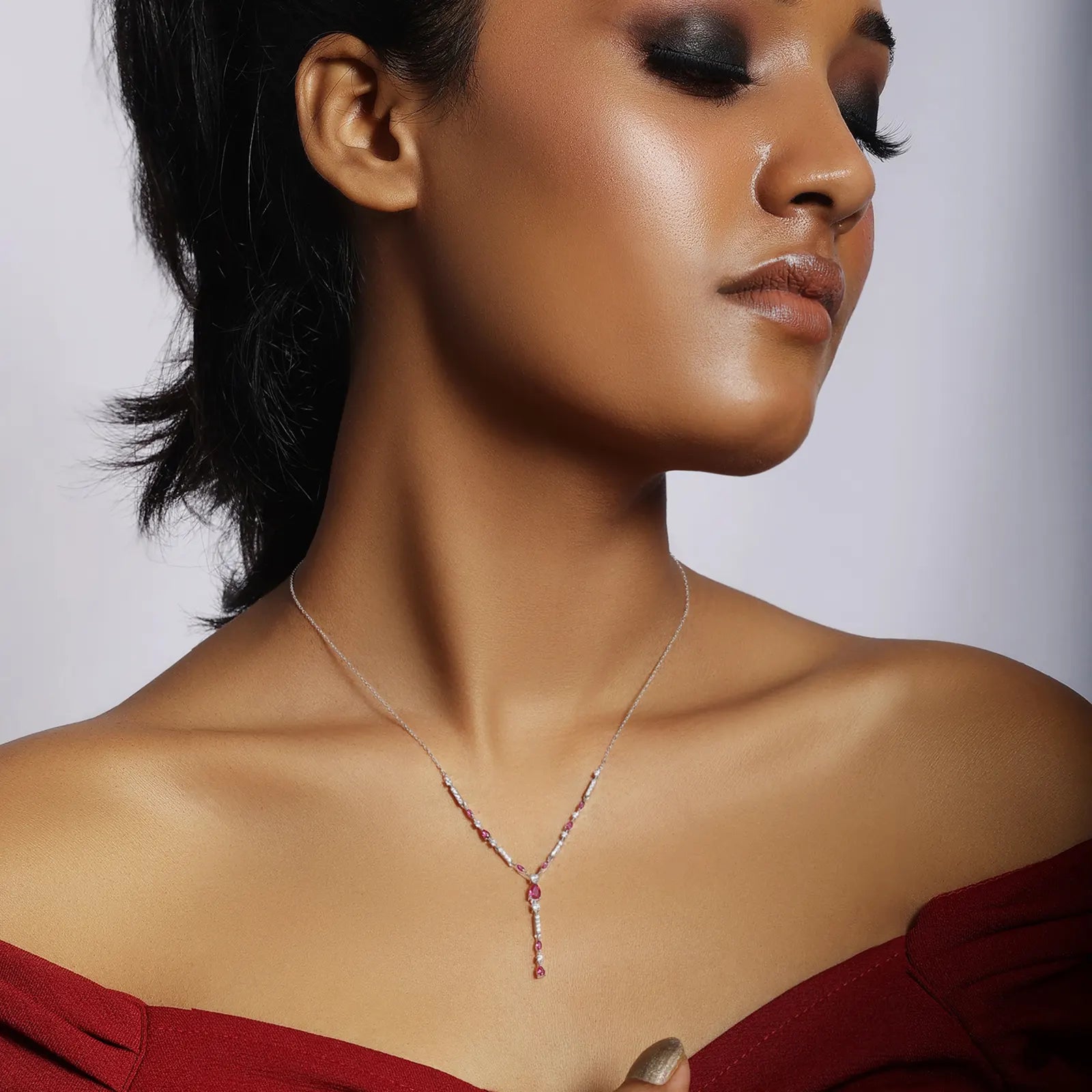 Designer Silver Pink Drop Necklace - Tweov Jewels