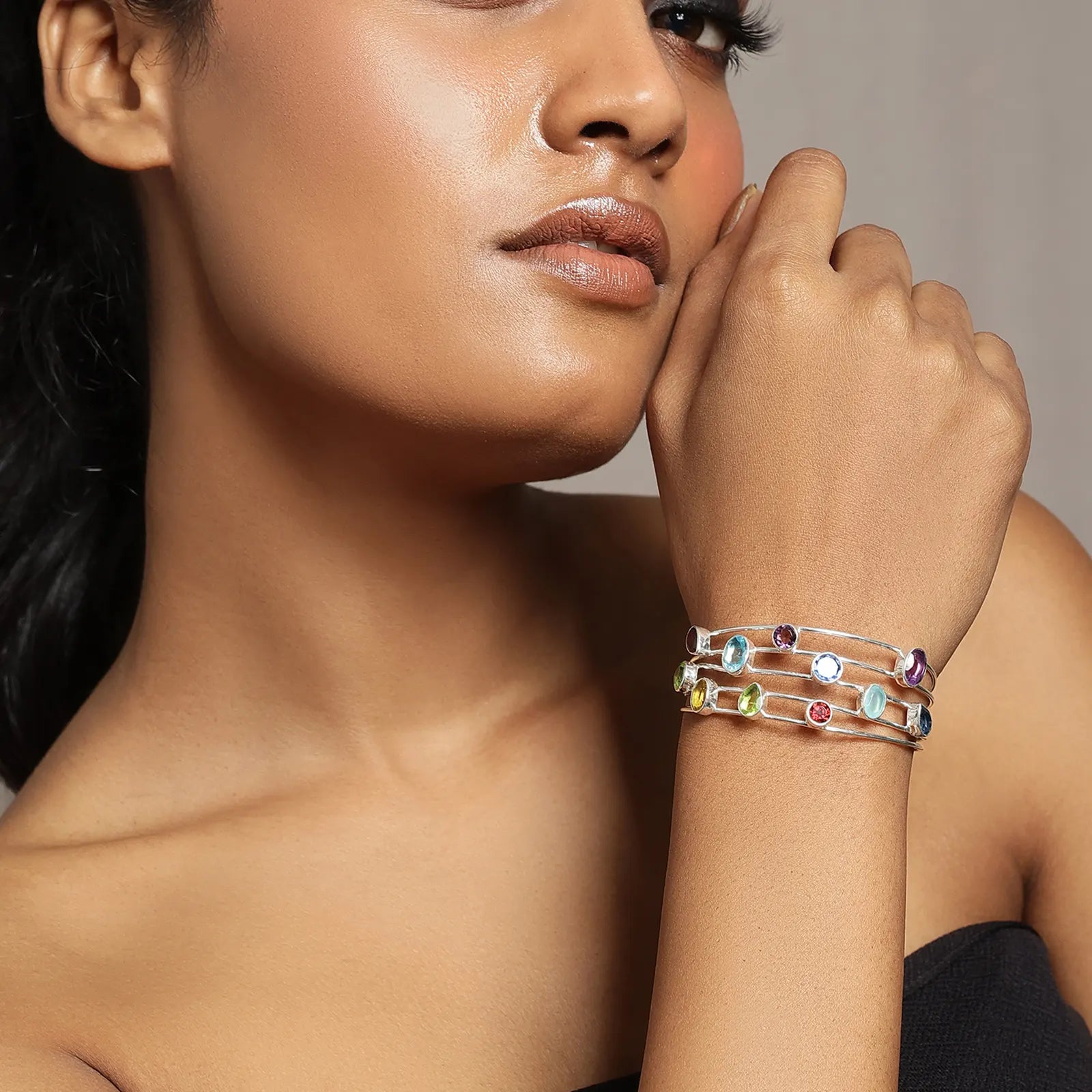 Designer Multicolor Silver Cuff Bracelet - Tweov Jewels