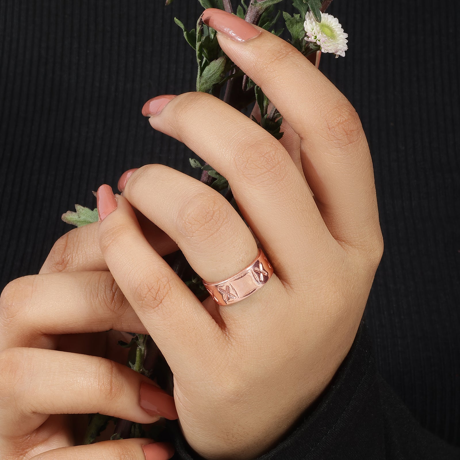 Rose Gold-Plated X Engraved Silver Band Ring