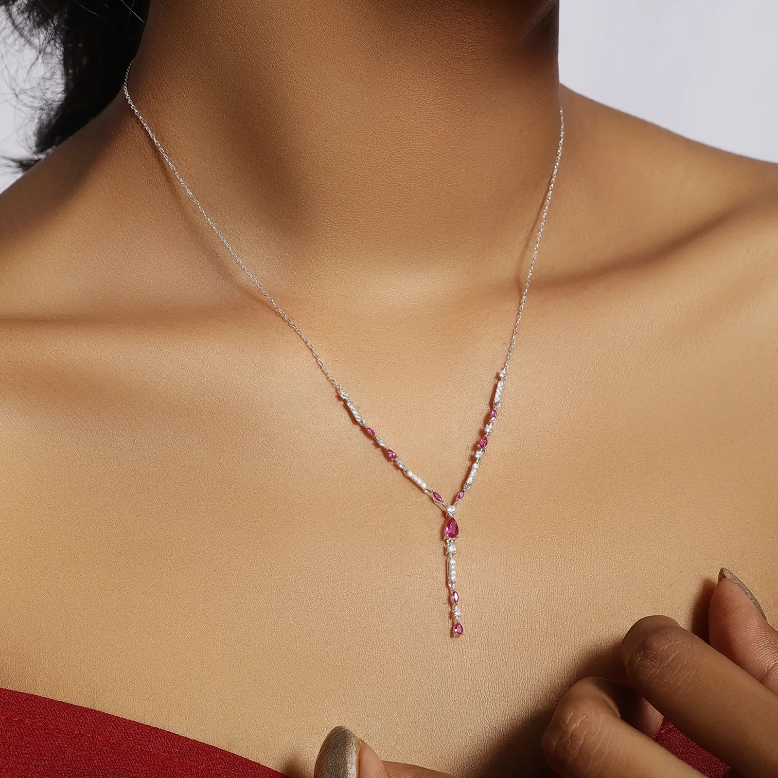 Designer Silver Pink Drop Necklace - Tweov Jewels