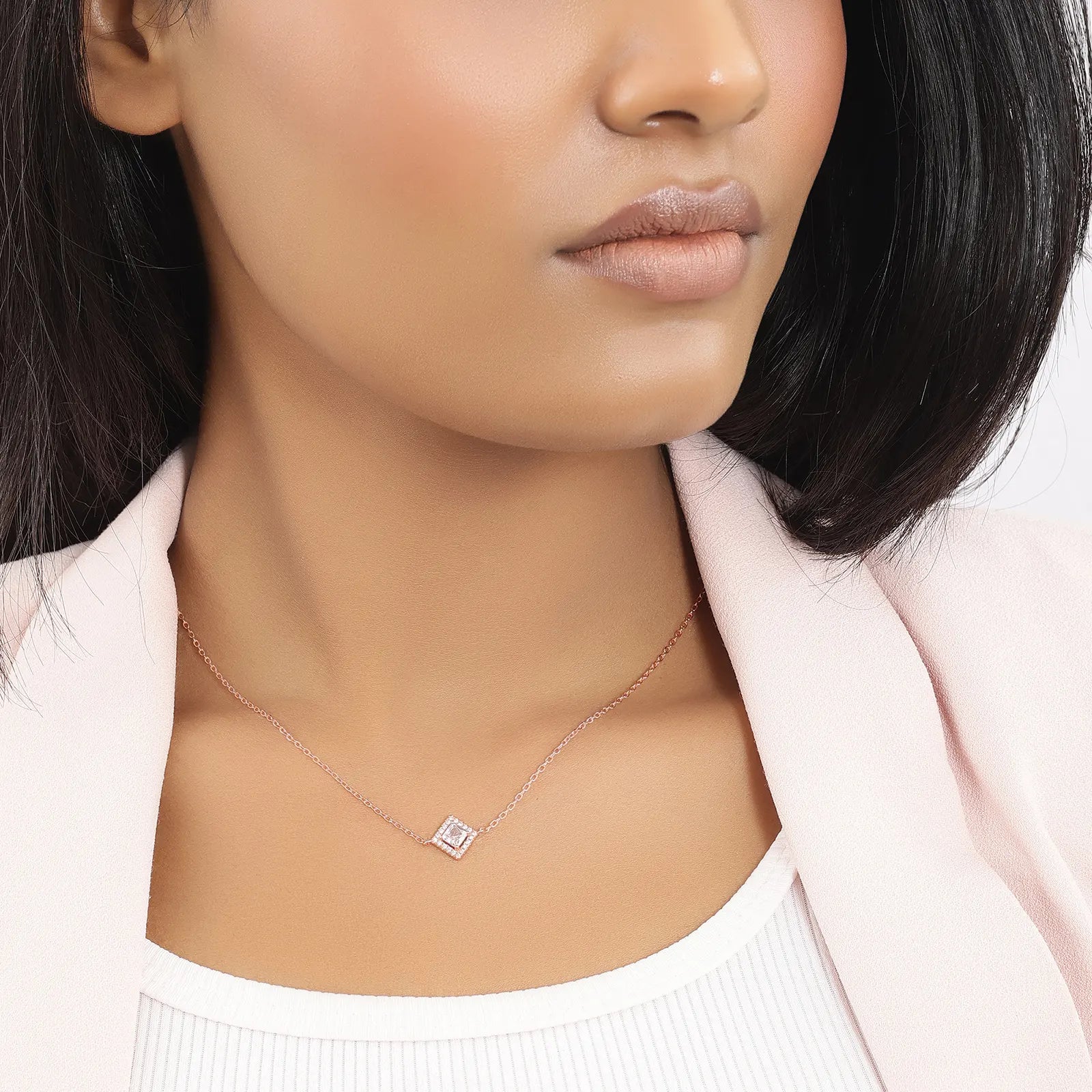 Rose Gold Plated CZ Studded Square Pendant with Chain - Tweov Jewels