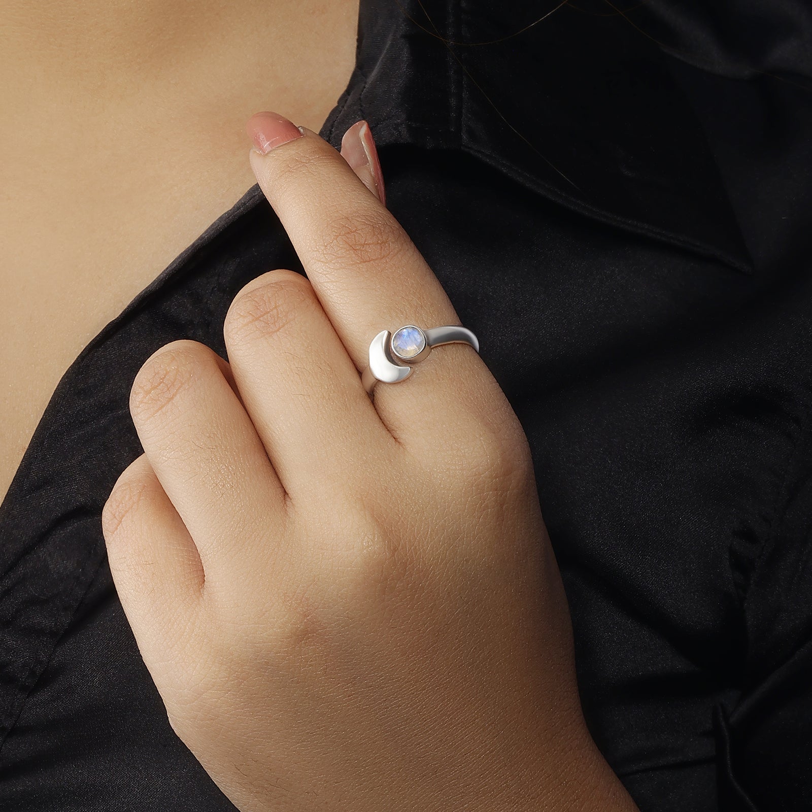 Silver Blue Stone Crescent Moon Ring