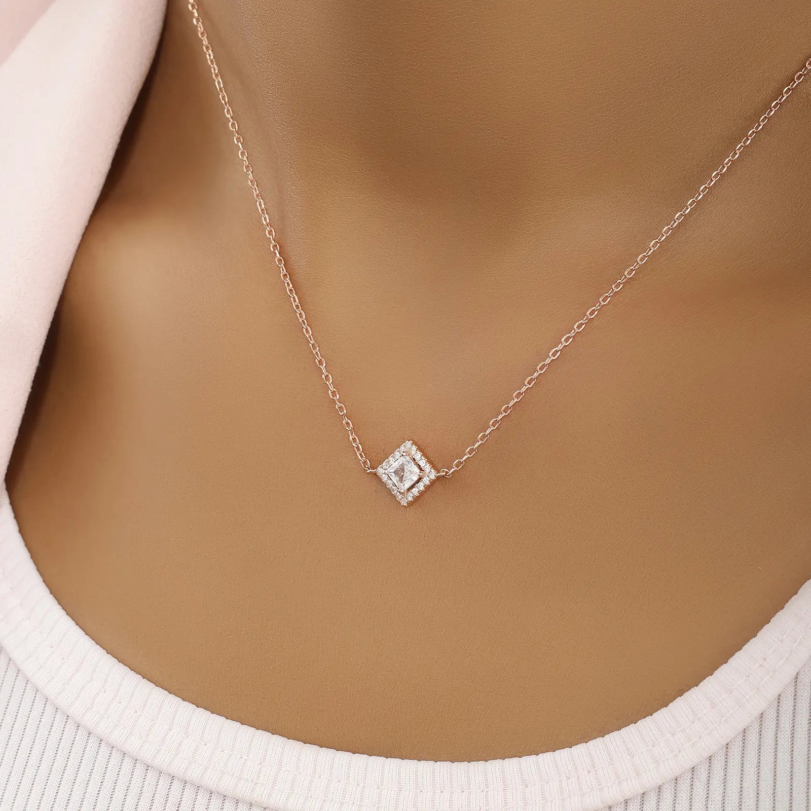 Rose Gold Plated CZ Studded Square Pendant with Chain - Tweov Jewels