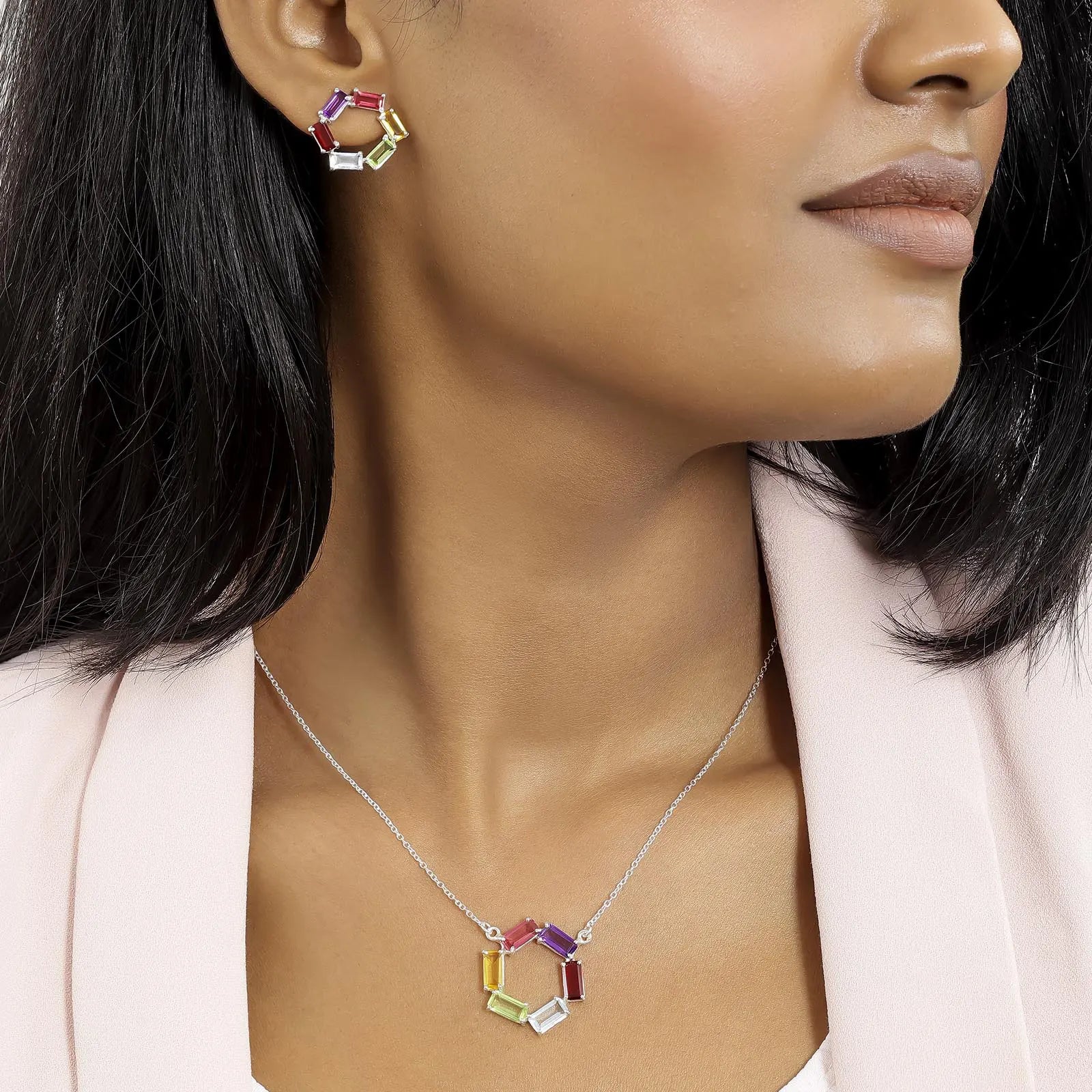 Multicolor Round Silver Pendant & Earring Sets - Tweov Jewels