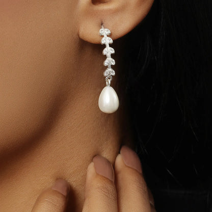 CZ Long Silver Pearl Earrings - Tweov Jewels