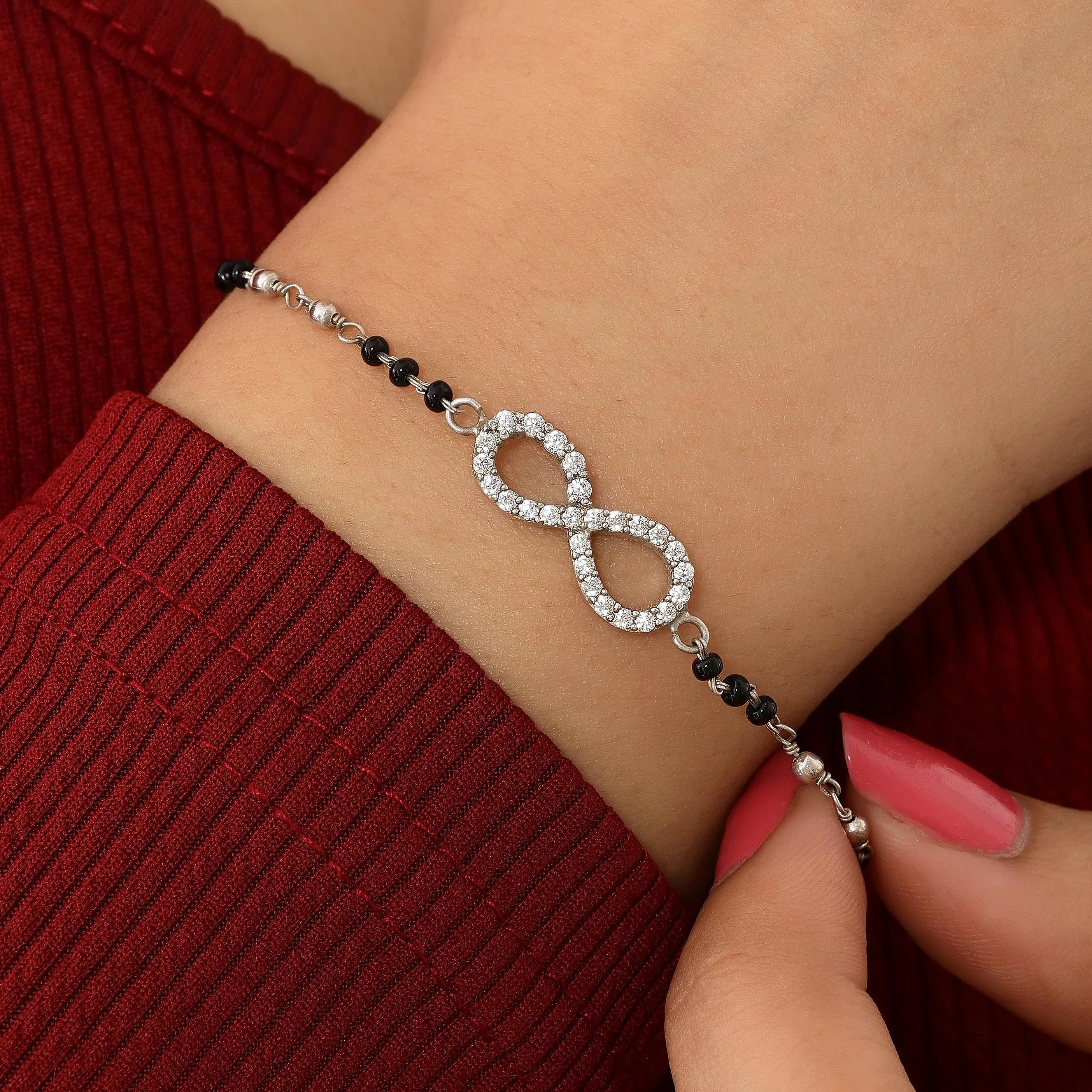 Pure Sterling Silver Infinity Knot Design Hand Mangalsutra Bracelet - Tweov Jewels