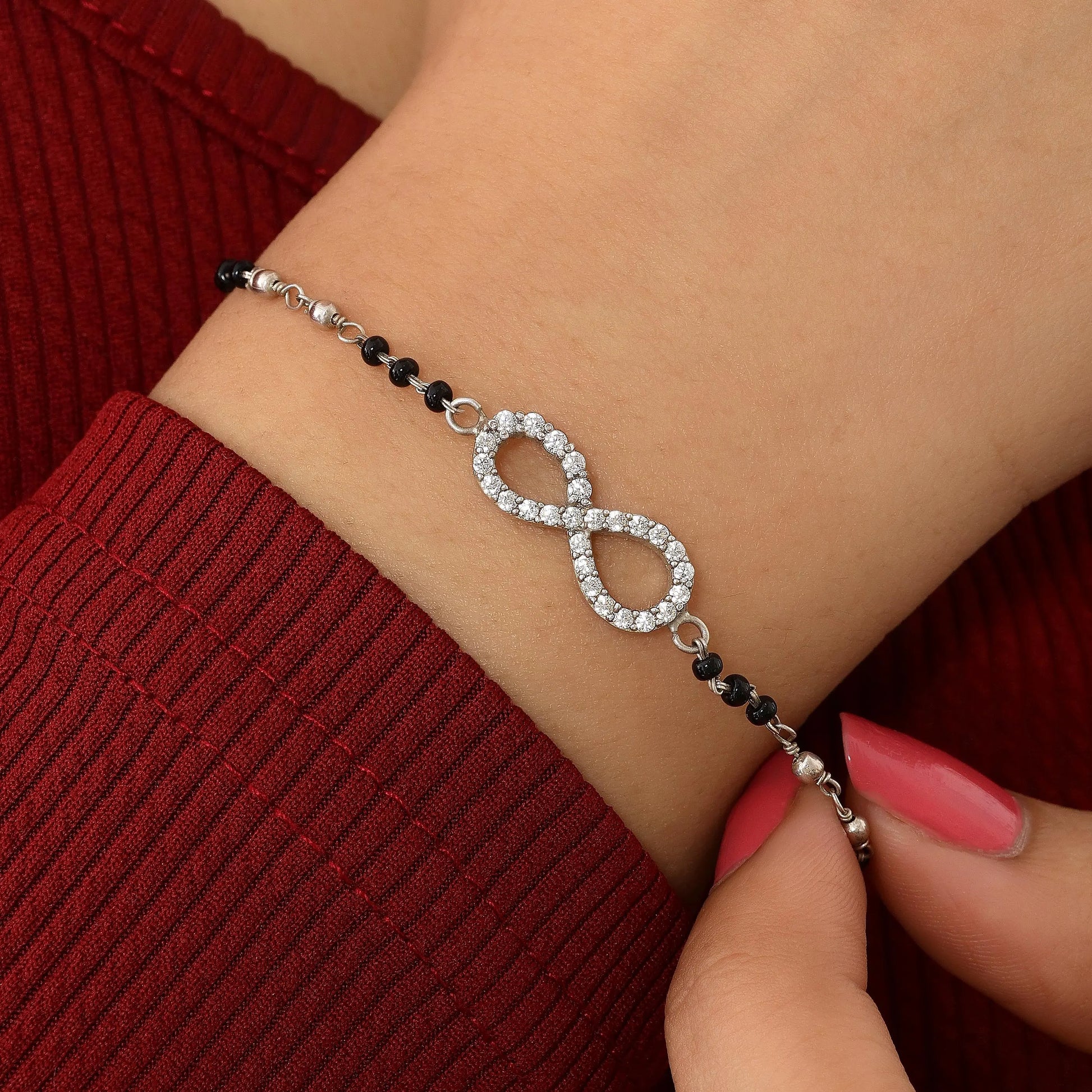 Pure Sterling Silver Infinity Knot Design Hand Mangalsutra Bracelet - Tweov Jewels