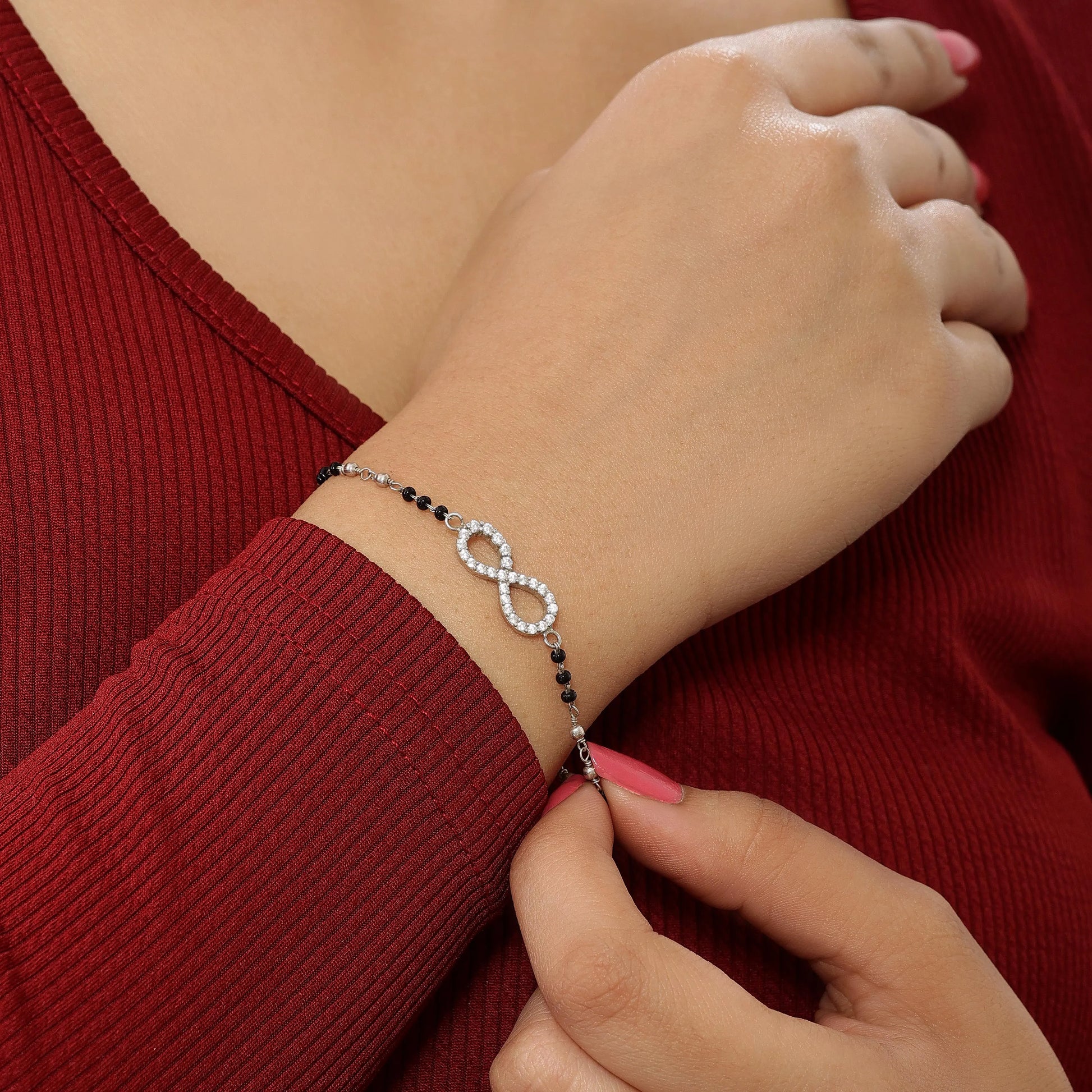 Pure Sterling Silver Infinity Knot Design Hand Mangalsutra Bracelet - Tweov Jewels