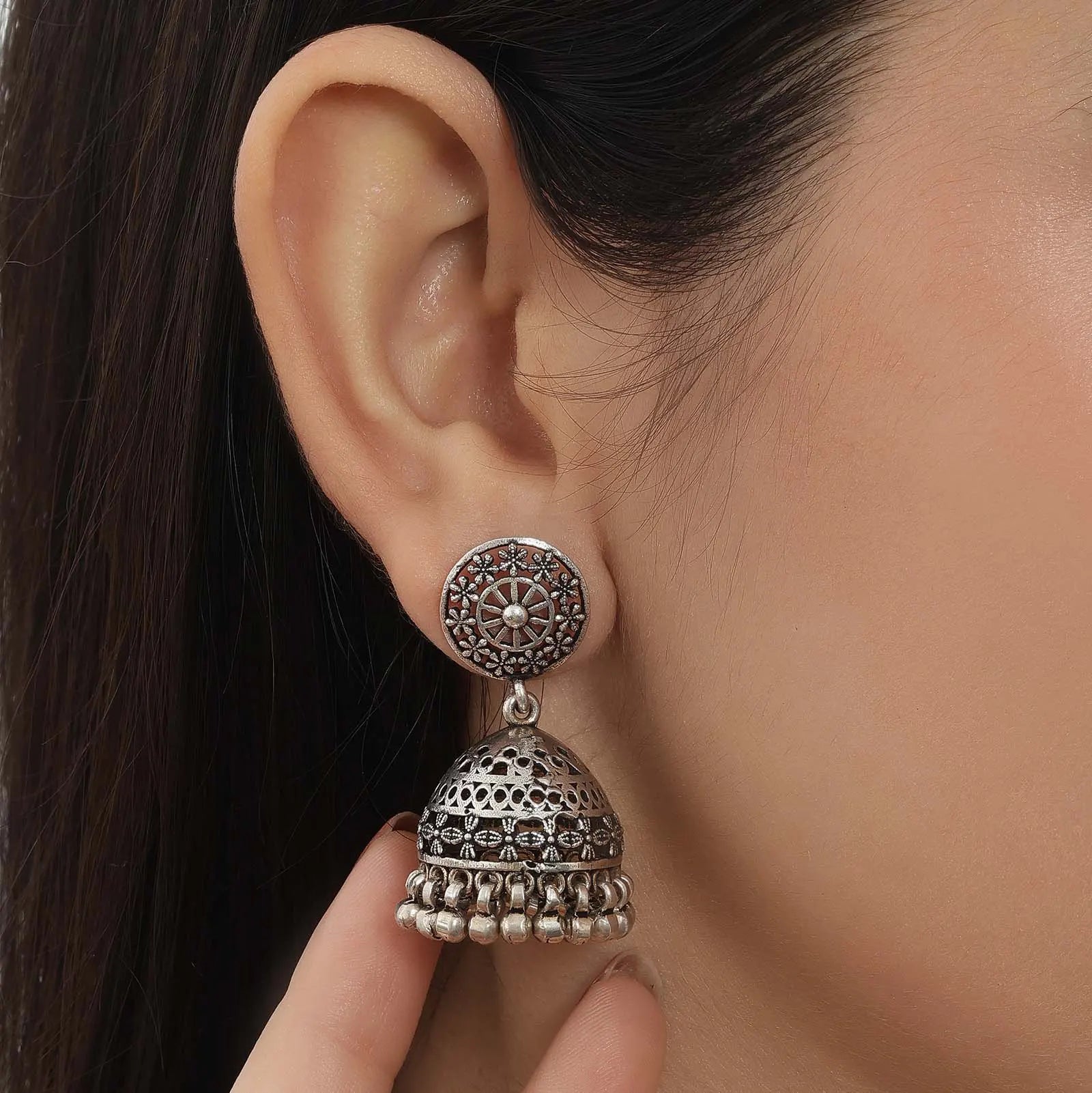 Floral Silver Jhumka Earrings - Tweov Jewels