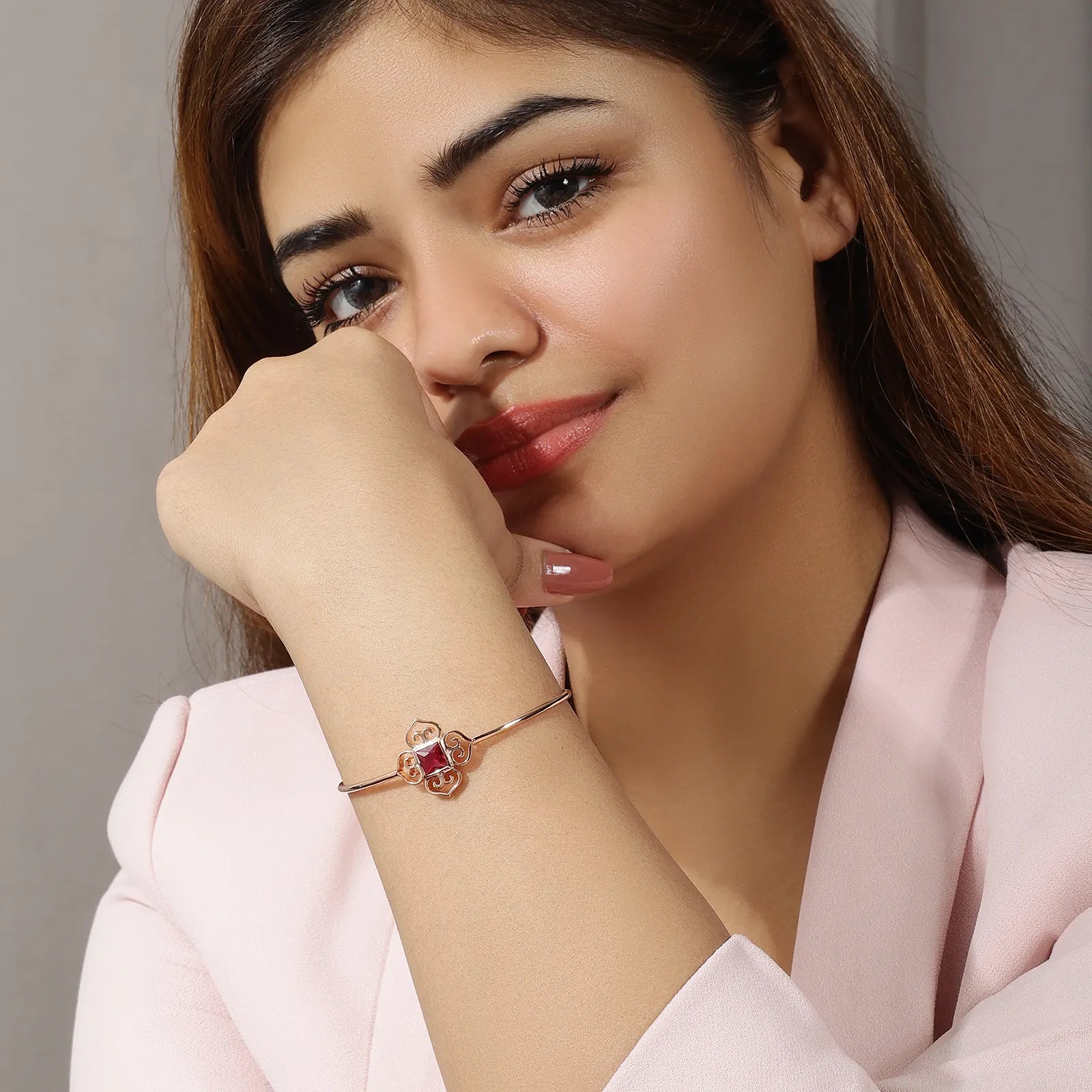 Rose Gold Pink Stone Floral Silver Cuff Bracelet