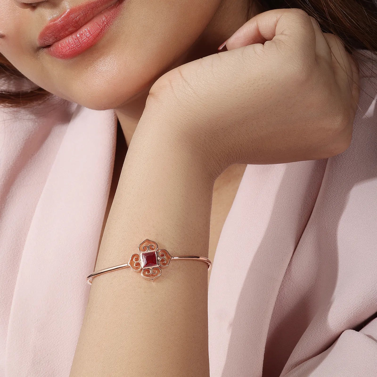Rose Gold Pink Stone Floral Silver Cuff Bracelet
