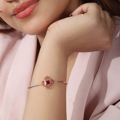 Rose Gold Pink Stone Floral Silver Cuff Bracelet