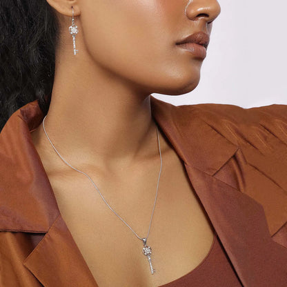 Silver Cubic Zirconia Key Pendant and Earrings Set - Tweov Jewels