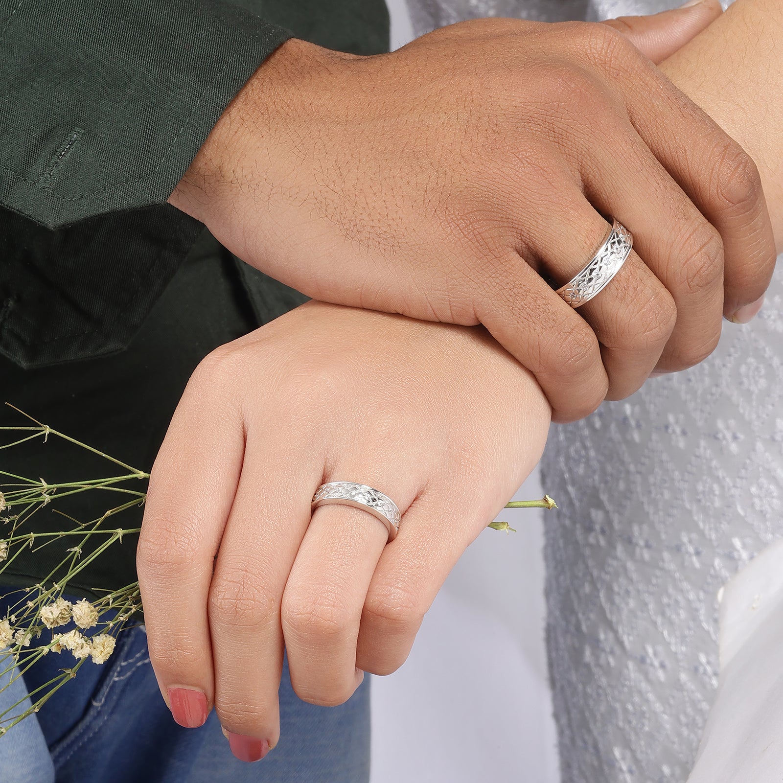 Lattice Bond Couple Rings for Men & Women – 925 Sterling Silver Rhodium Plated