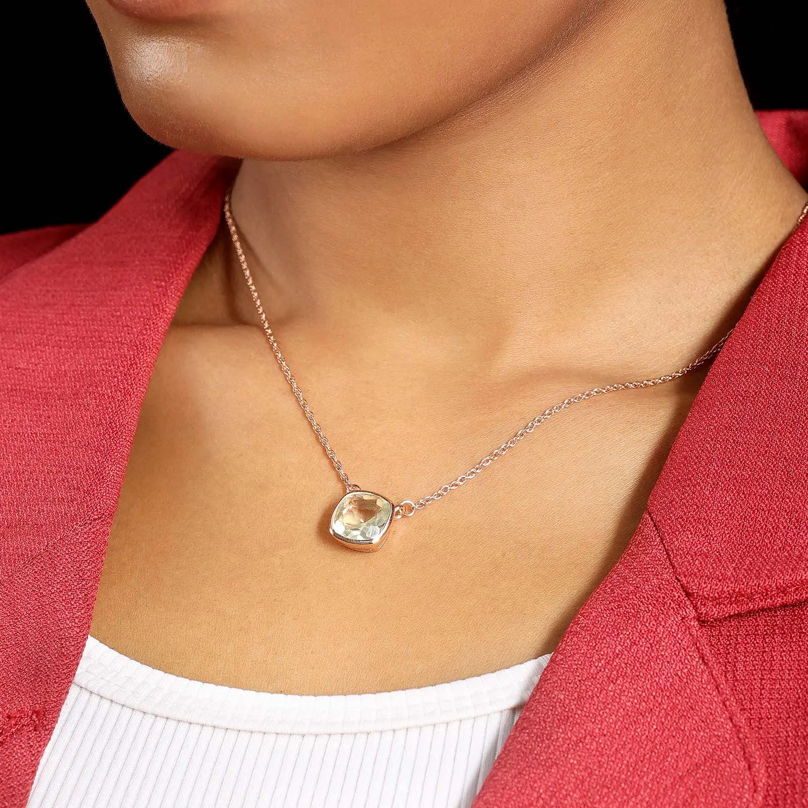 Rose Gold Light Green Stone Studded Silver Necklace - Tweov Jewels
