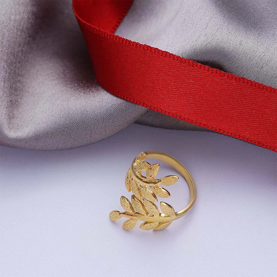 Pure Silver Ring - Made With Gold Finish Leaf Design - Tweov Jewels