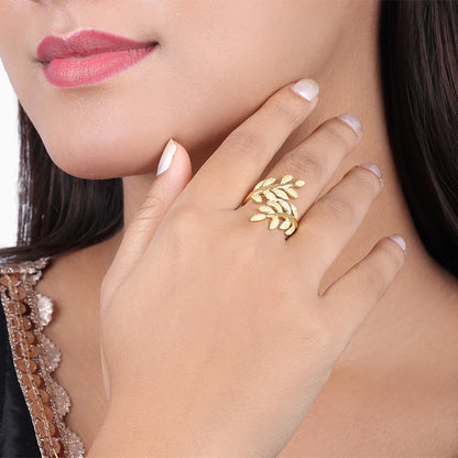Pure Silver Ring - Made With Gold Finish Leaf Design - Tweov Jewels