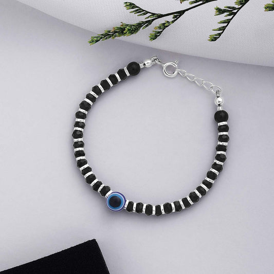 Black Stone Beaded Evil Eye Protection 925 Sterling Silver Bracelet - Tweov Jewels