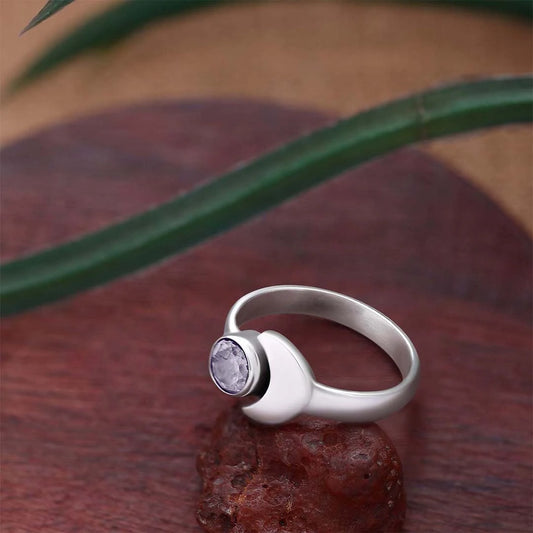 Pure Silver Ring - Simple Moony Glow With Crystal - Tweov Jewels