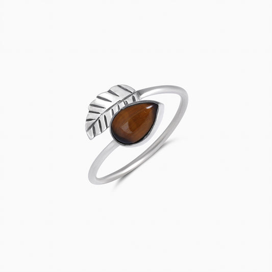 Pure Silver Ring - Leafy Design With Tiger-Eye Stone - Tweov Jewels