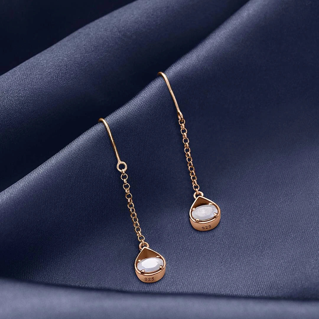 Pure Silver Earrings - Rose Gold Sleek Chain With Moonstone - Tweov Jewels